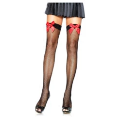 Tenue Sexy Noire Et Rouge D'infirmière 5 Tenue Sexy Noire Et Rouge D'infirmière -Boutique De Carnaval D'Halloween Bas resilles noirs surmontes d un noeud rouge