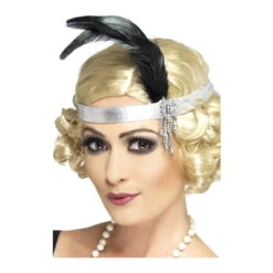 Coiffe Charleston Argenté Plumes Noires -Boutique De Carnaval D'Halloween Coiffe charleston argente plumes noires p2