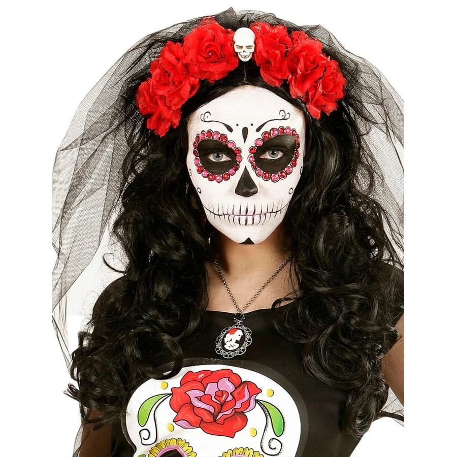 Coiffe Dia De Los Muertos Avec Voile Et Fleurs 6 Coiffe Dia De Los Muertos Avec Voile Et Fleurs – Image 4