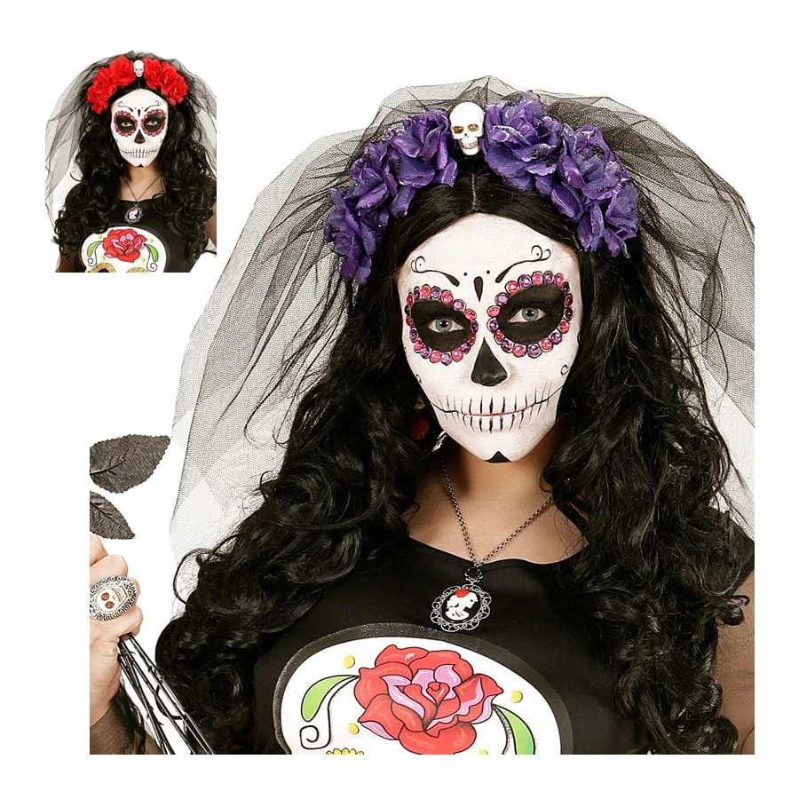Coiffe Dia De Los Muertos Avec Voile Et Fleurs 3 Coiffe Dia De Los Muertos Avec Voile Et Fleurs