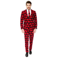 Costume 3 Pièces Noir Imprimé Coeurs Rouges