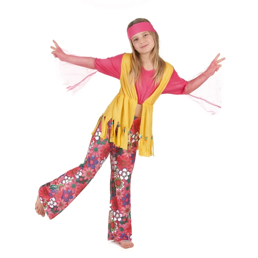 Costume Hippie Fleuri Rose Et Jaune Pour Fillette 4 Costume Hippie Fleuri Rose Et Jaune Pour Fillette – Image 2
