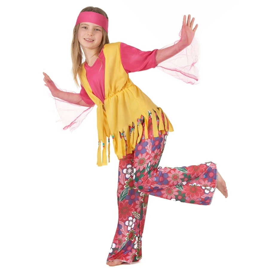 Costume Hippie Fleuri Rose Et Jaune Pour Fillette 5 Costume Hippie Fleuri Rose Et Jaune Pour Fillette – Image 3