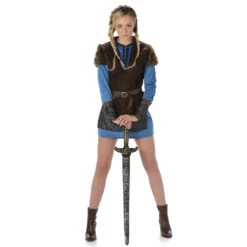 Costume Robe Courte Bleue De Femme Viking Guerrier