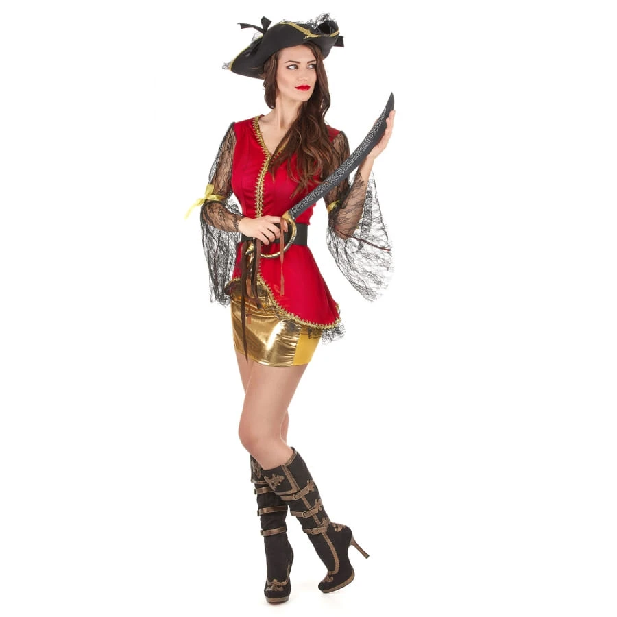 Costume Robe Courte Rouge Et Dorée De Piratesse 4 Costume Robe Courte Rouge Et Dorée De Piratesse – Image 2