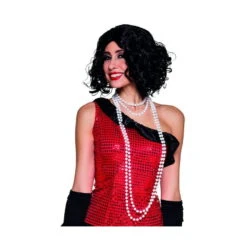 Robe Charleston Noire Courte Avec Franges -Boutique De Carnaval D'Halloween Long colliers double rangees de perles blanches