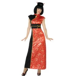 Longue Robe Rouge Noire Motifs Dorés De Chinoise