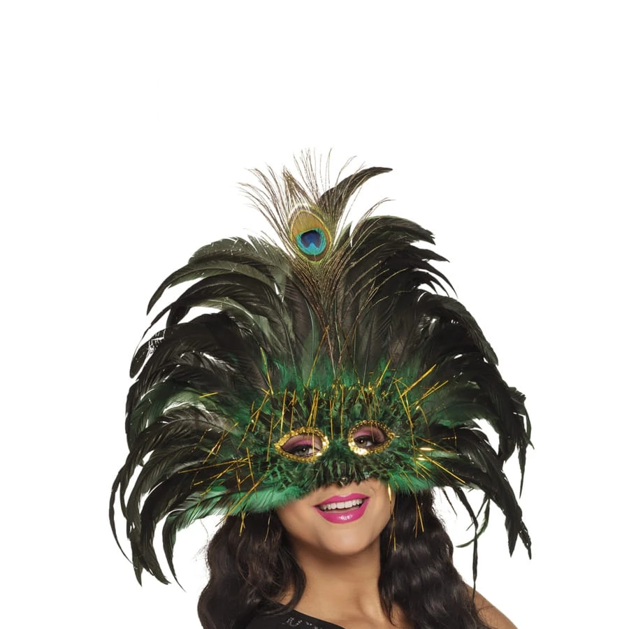 Loup Vénitien Vert Avec Plumes De Paon Pour Adulte 3 Loup Vénitien Vert Avec Plumes De Paon Pour Adulte