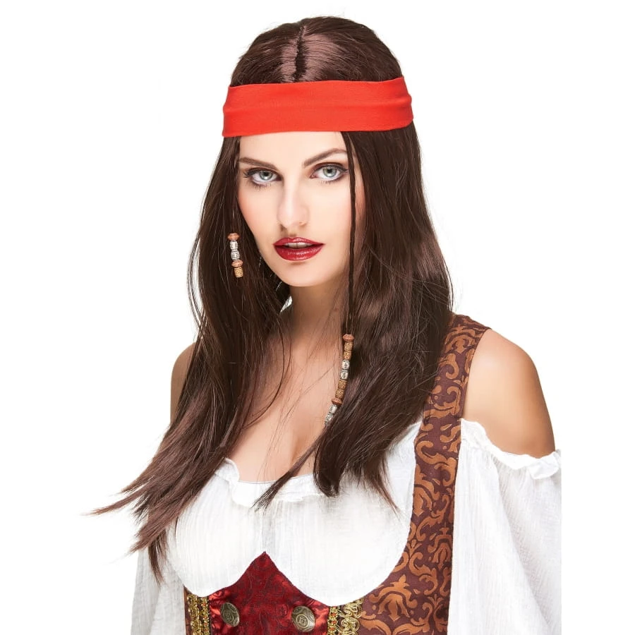 Perruque Brune De Pirate Avec Bandeau Rouge 3 Perruque Brune De Pirate Avec Bandeau Rouge