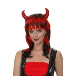 Perruque Noire Et Rouge Avec Cornes Pailletées -Boutique De Carnaval D'Halloween Perruque noire et rouge avec cornes pailletees 24937
