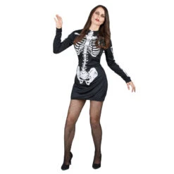 Robe Courte Noire Imprimé Sequelette -Boutique De Carnaval D'Halloween Robe courte noire imprime sequelette 14456