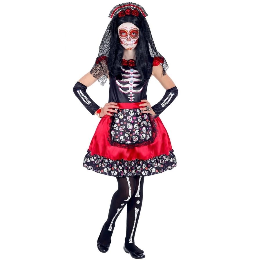 Robe Squelette Jour Des Morts Rouge Et Noir, Fille 4 Robe Squelette Jour Des Morts Rouge Et Noir, Fille – Image 2