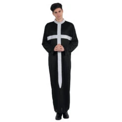 Tenue Noire De Prêtre Imprimé Croix Blanche -Boutique De Carnaval D'Halloween Tenue noire de pretre imprime croix blanche 37148